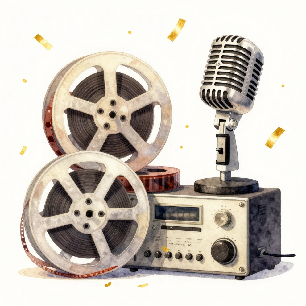 Watercolor style illustration of vintage film rolls with cin...