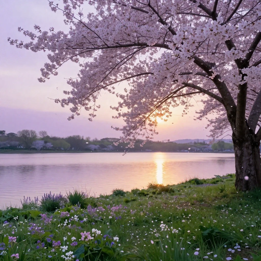 A serene landscape at dusk during spring, featuring a bloomi...