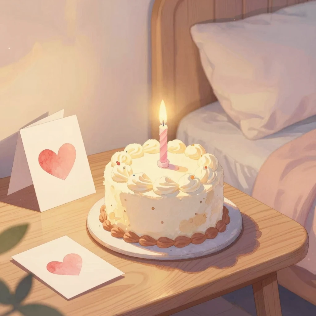 A cozy bedroom with a birthday cake on a wooden table, soft ...