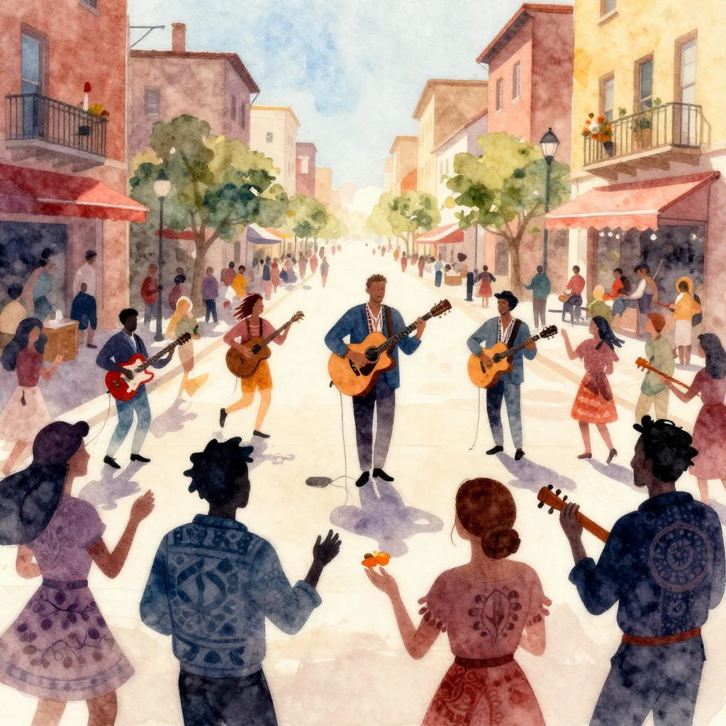 Vibrant watercolor illustration of a folk music scene on a s...
