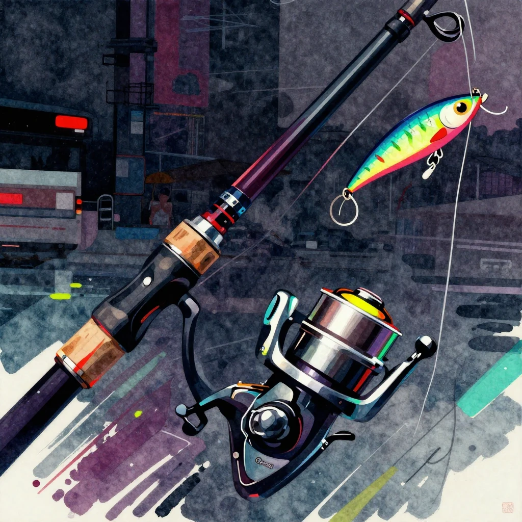 A dynamic, abstract composition of sleek fishing rods, shiny...