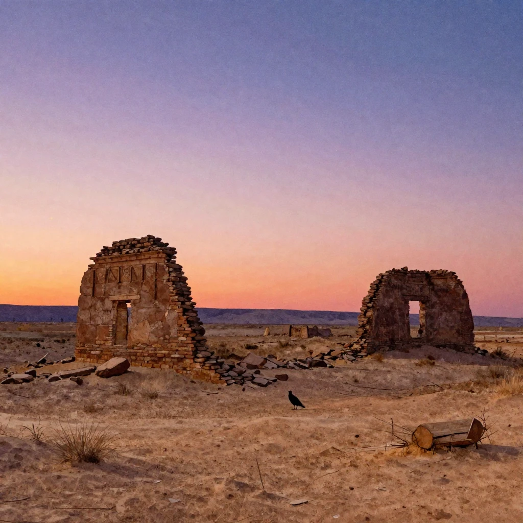 A vast, desolate western landscape at dusk, featuring crumbl...