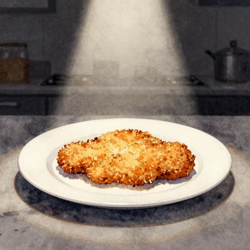 Watercolor painting of a single, golden schnitzel, appearing...