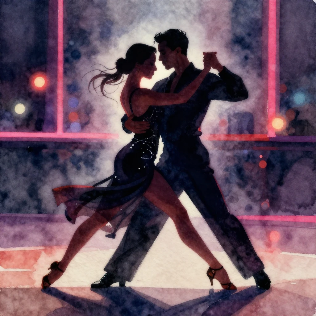 A vibrant watercolor painting of a silhouette of a couple in...