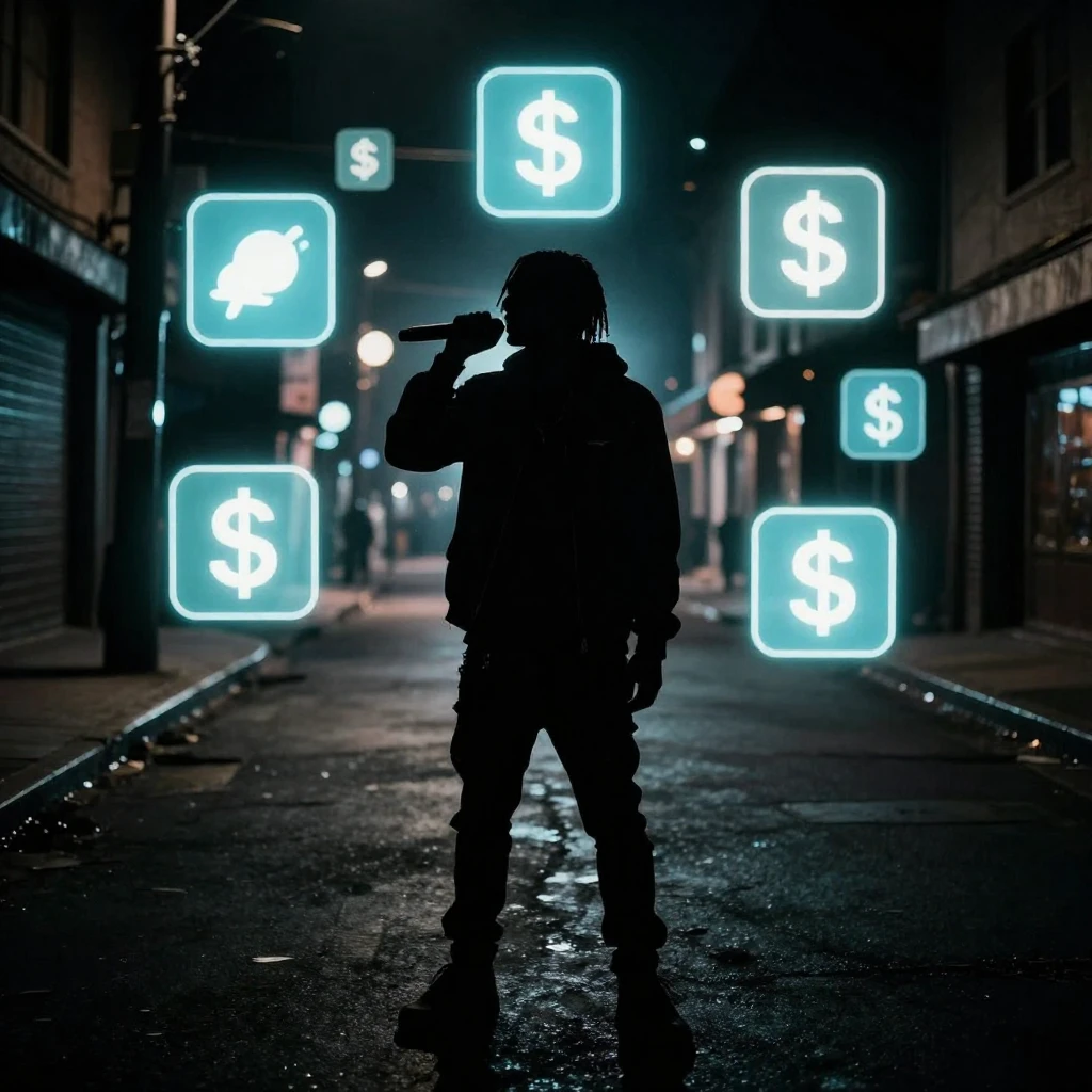 A lone silhouette of a person holding a microphone on a dark...