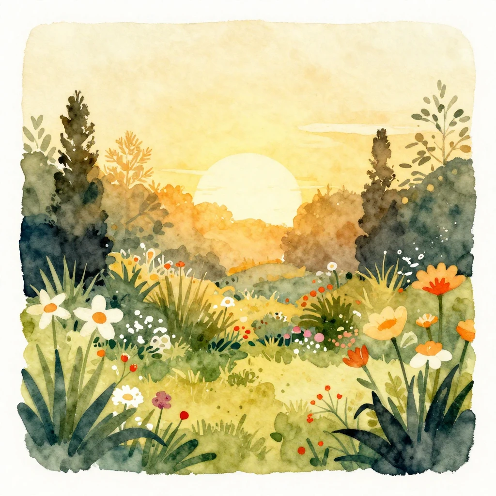 Watercolor painting of a vibrant summer garden at sunset, ba...