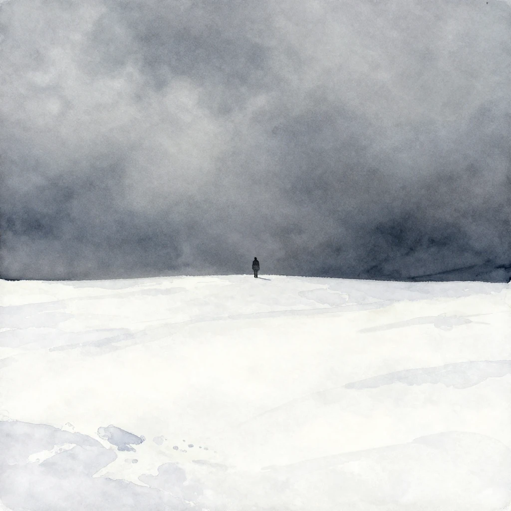 A desolate, snow-covered landscape under a grey, oppressive ...