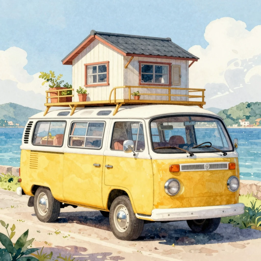 Vibrant watercolor style. A repurposed old minibus transform...