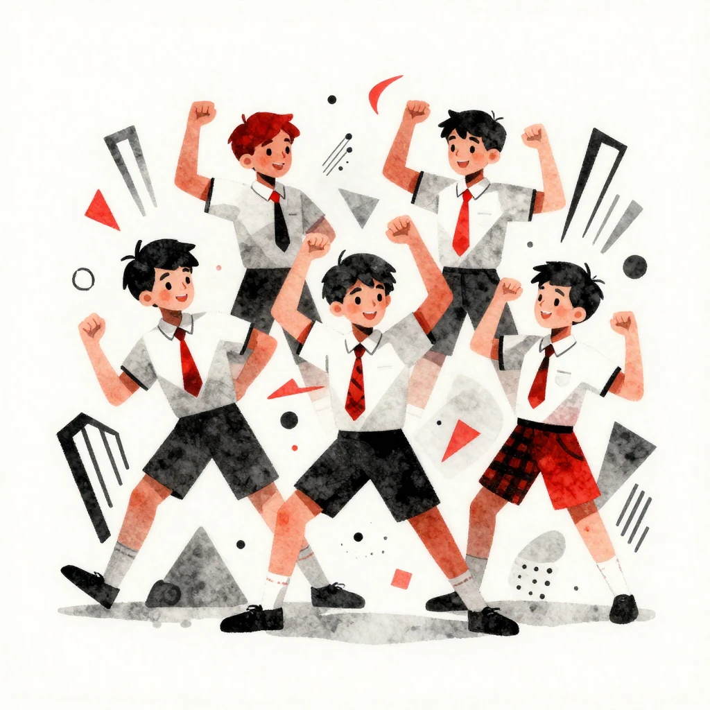 Constructivist style watercolor illustration of energetic sc...