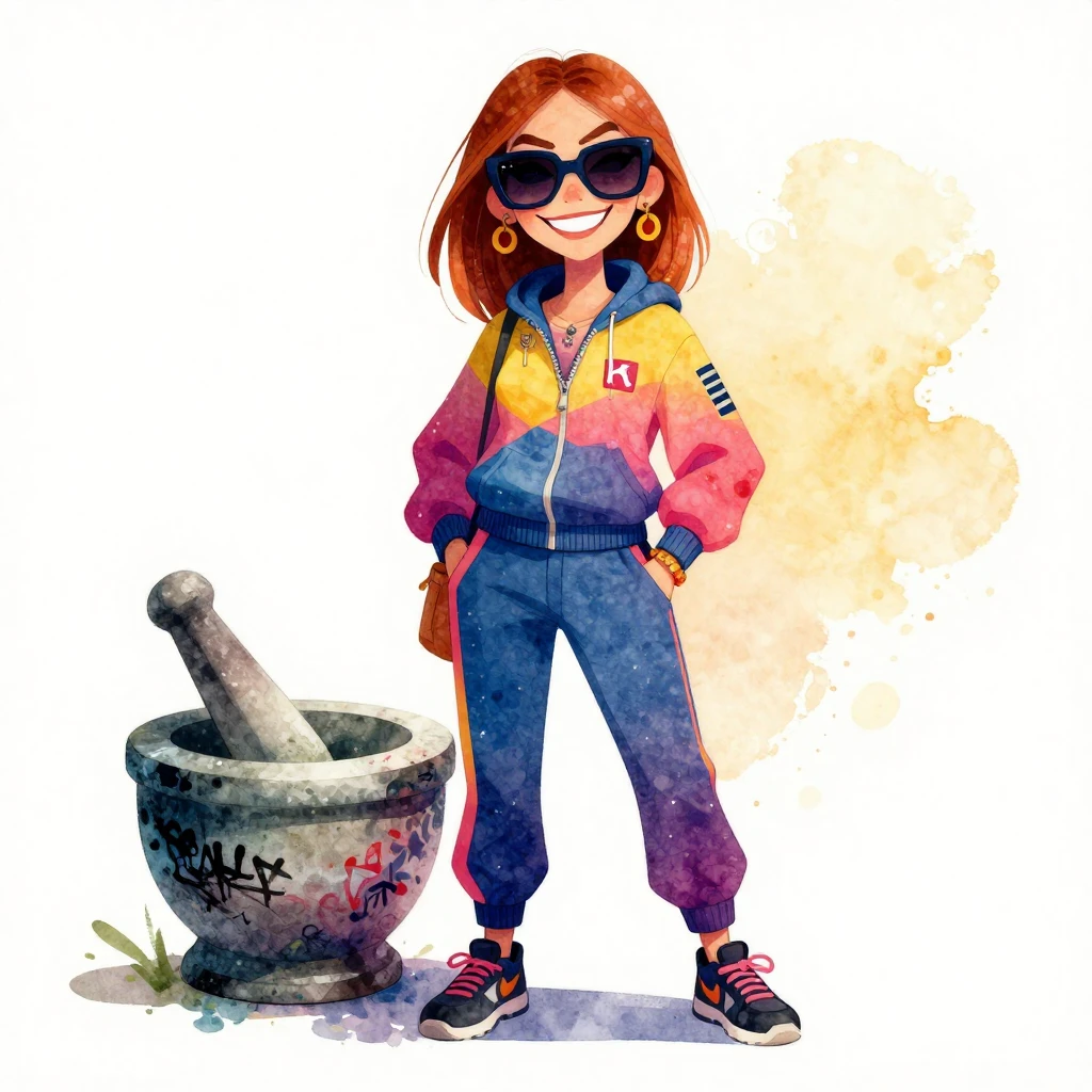 A stylized, modern Baba Yaga with a mischievous grin, wearin...