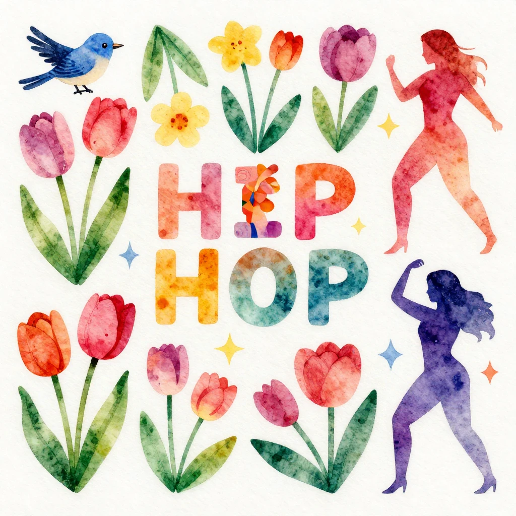 A vibrant hip-hop album cover in watercolor style. It featur...