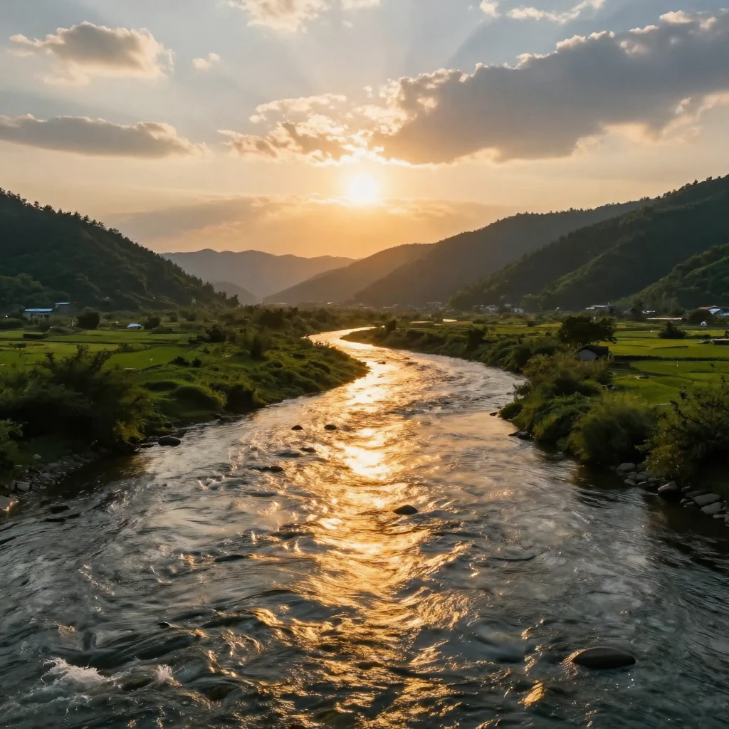 A wide, sparkling river flowing through a lush green valley ...