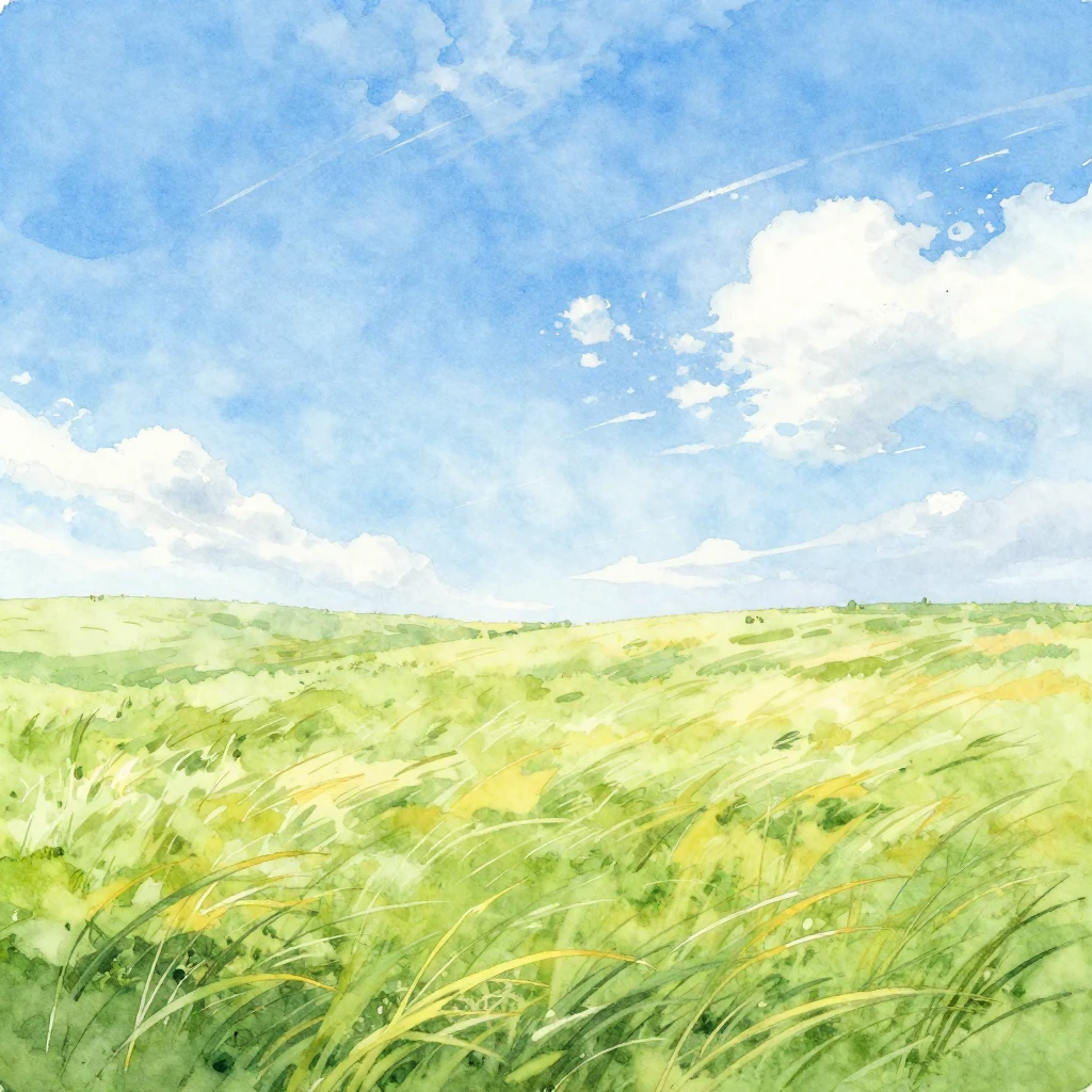 A vibrant watercolor painting of a vast, open field under a ...