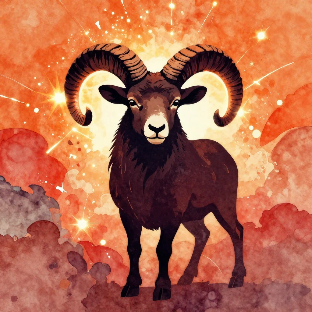 A stylized silhouette of a ram with prominent, glowing horns...