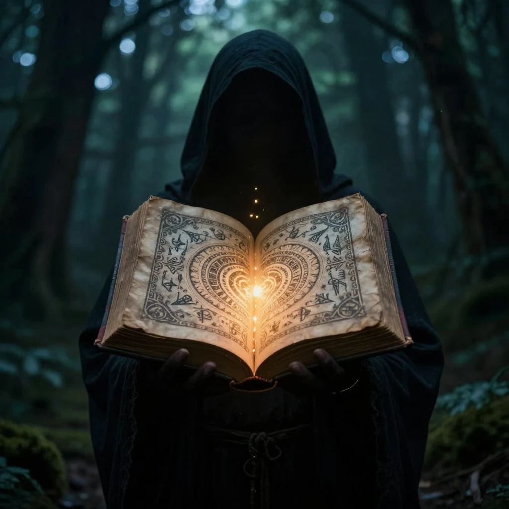 A mysterious ancient book with glowing symbols, held by a sh...