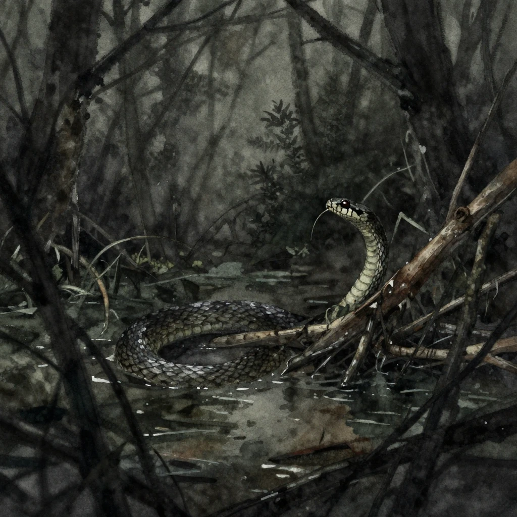 A dark and gritty watercolor illustration of a mysterious sw...