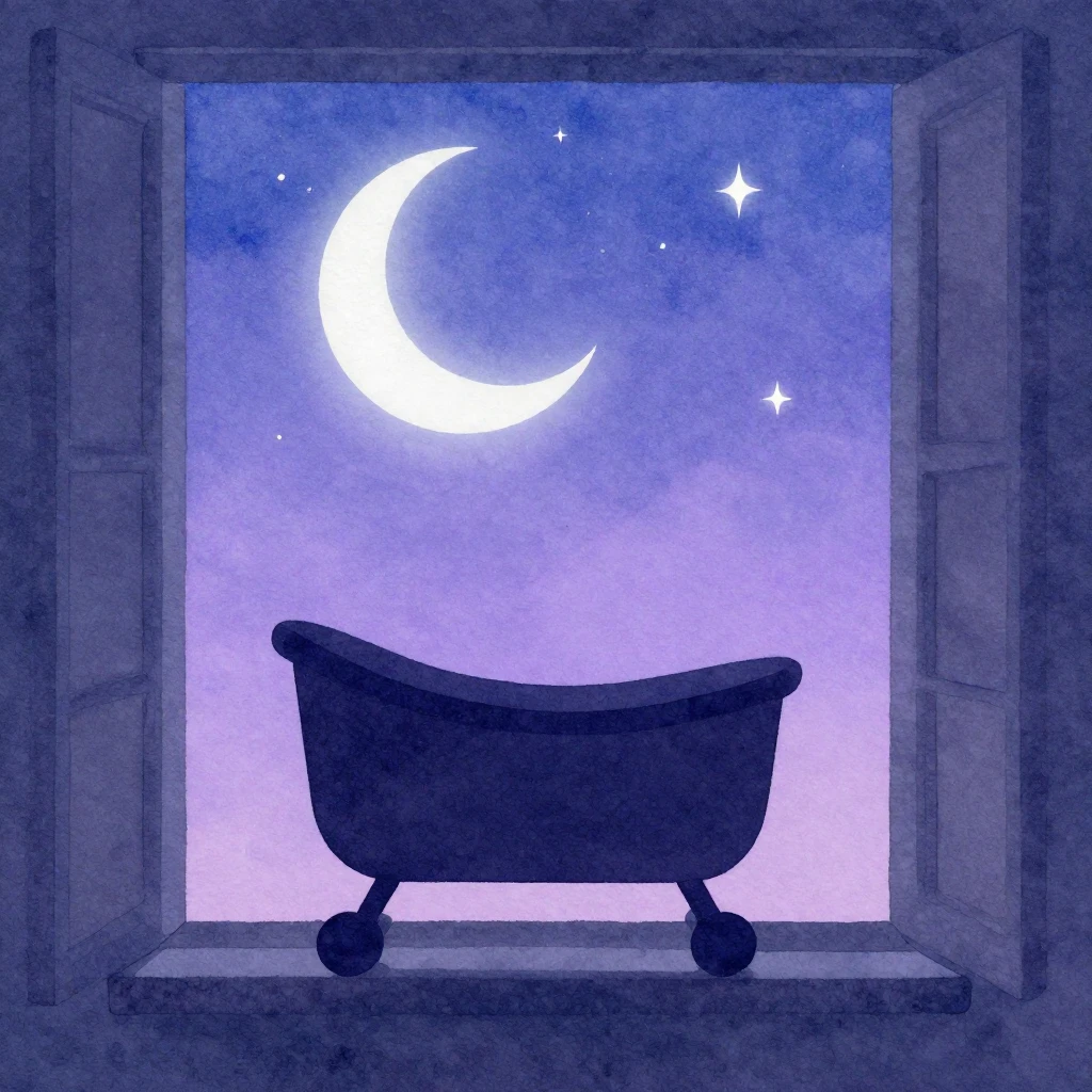 A minimalist watercolor painting of a baby's cradle by a win...