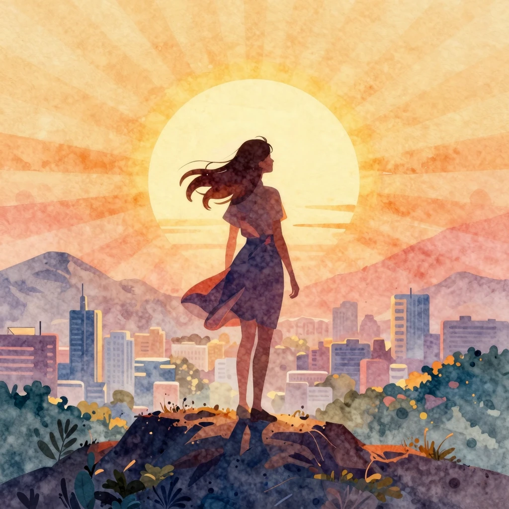 A vibrant watercolor illustration of a stylized silhouette o...