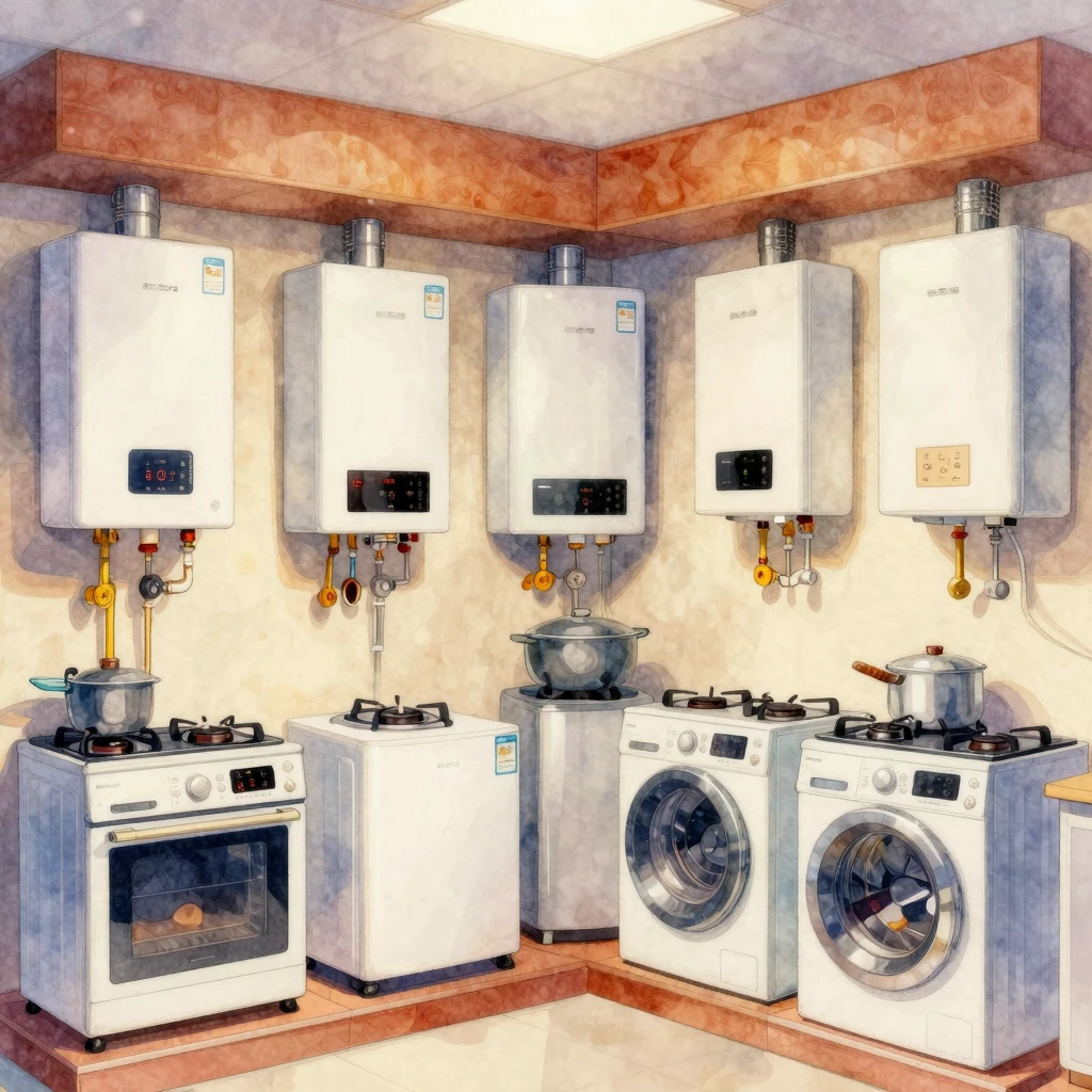 Vibrant watercolor style. Gas equipment store interior, warm...