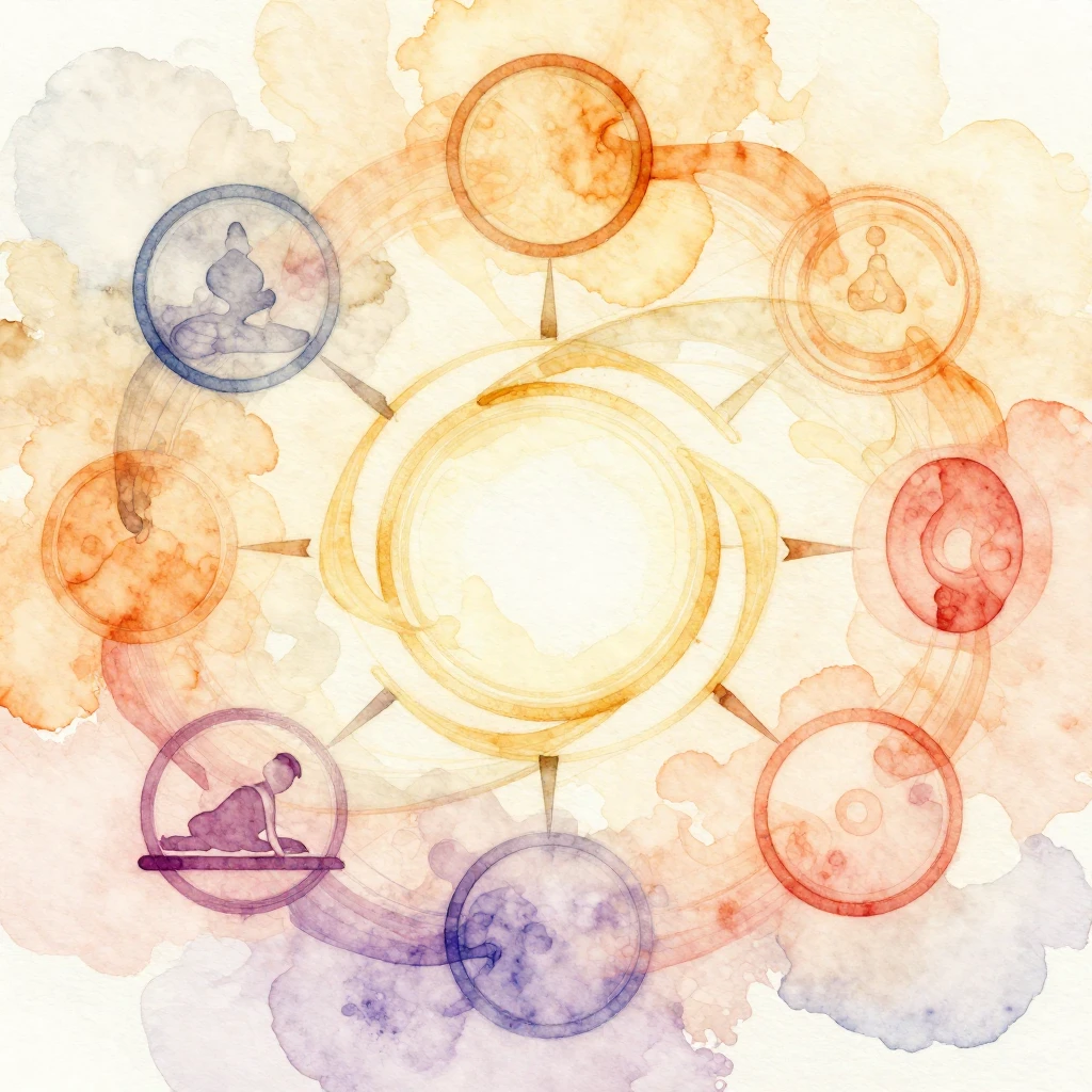 A watercolor illustration depicting symbolic elements of kar...