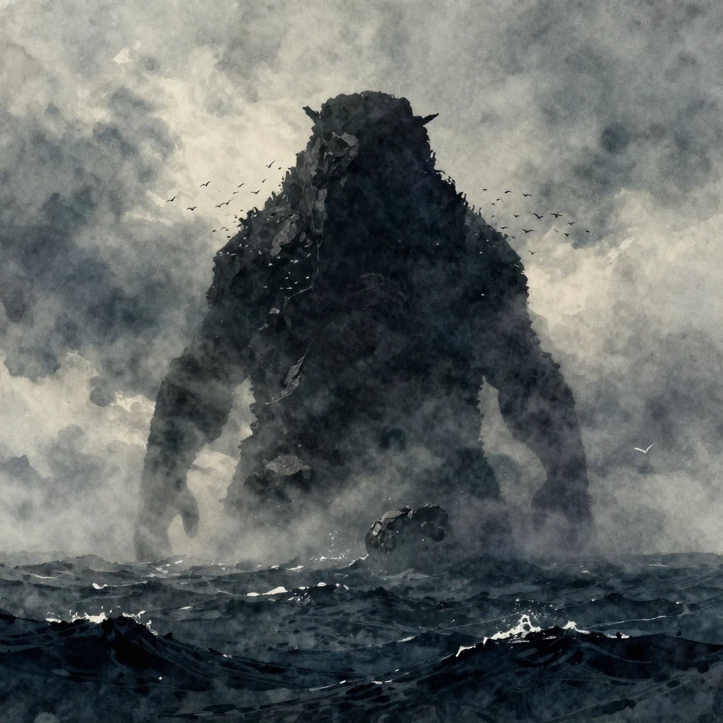 A massive, dark silhouette of a creature emerging from a mis...