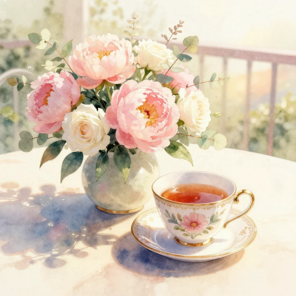 A watercolor painting featuring a refined porcelain cup of t...