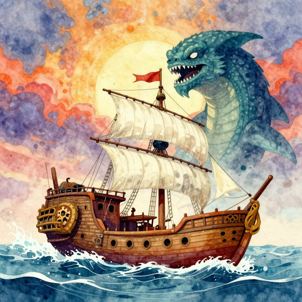 A stylized depiction of Sinbad's ship navigating treacherous...