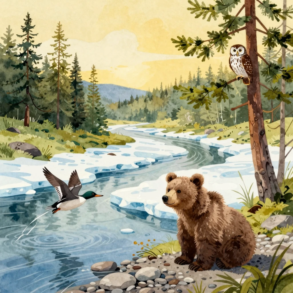 Vibrant watercolor style illustration of a serene spring lan...