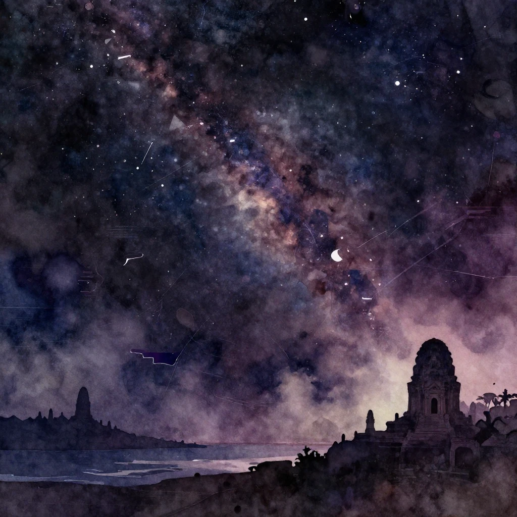 Vibrant watercolor style, dark cosmic background with abstra...