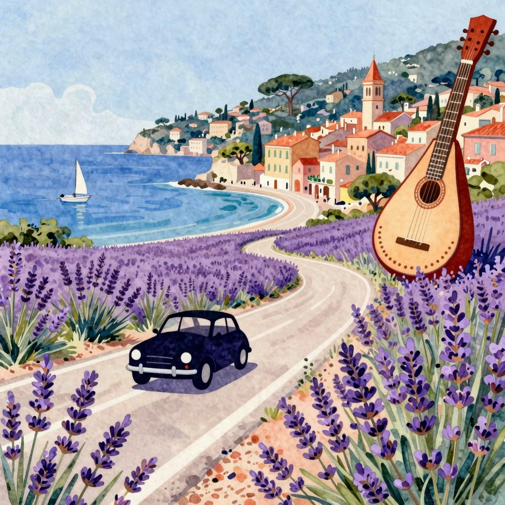 Vibrant watercolor illustration in French cabaret style. A p...