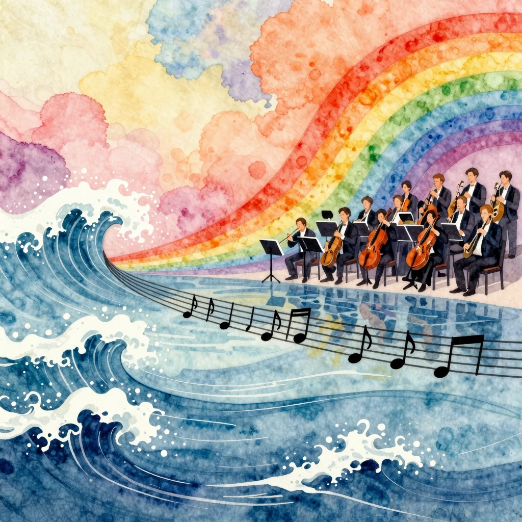 Vibrant watercolor painting of an abstract ocean symphony, w...
