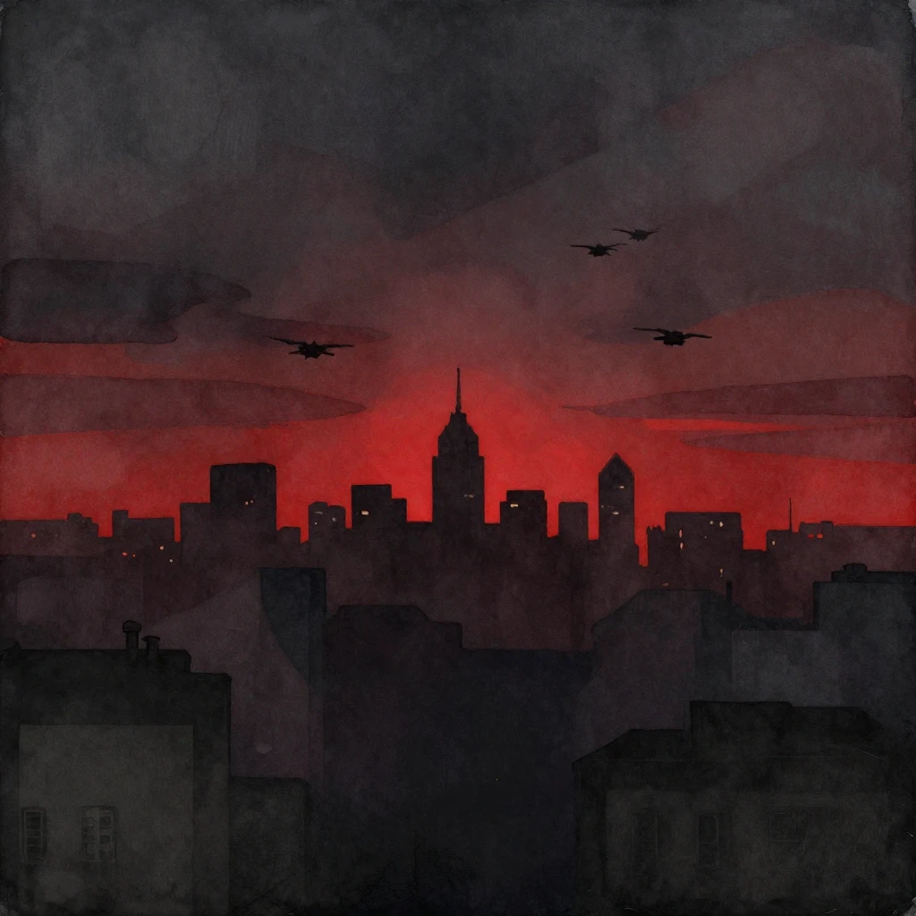 A dark city skyline at night, with an ominous red glow on th...