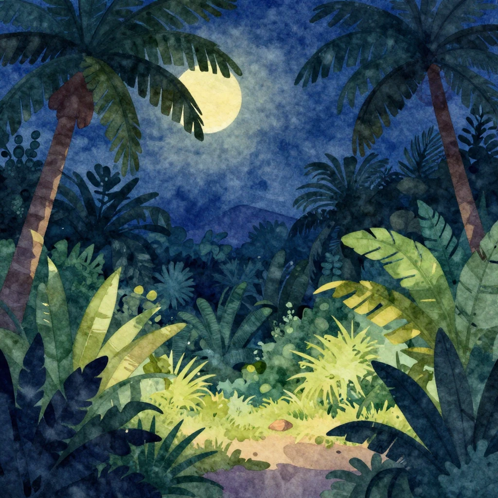 Vibrant watercolor style illustration of a tropical night sc...