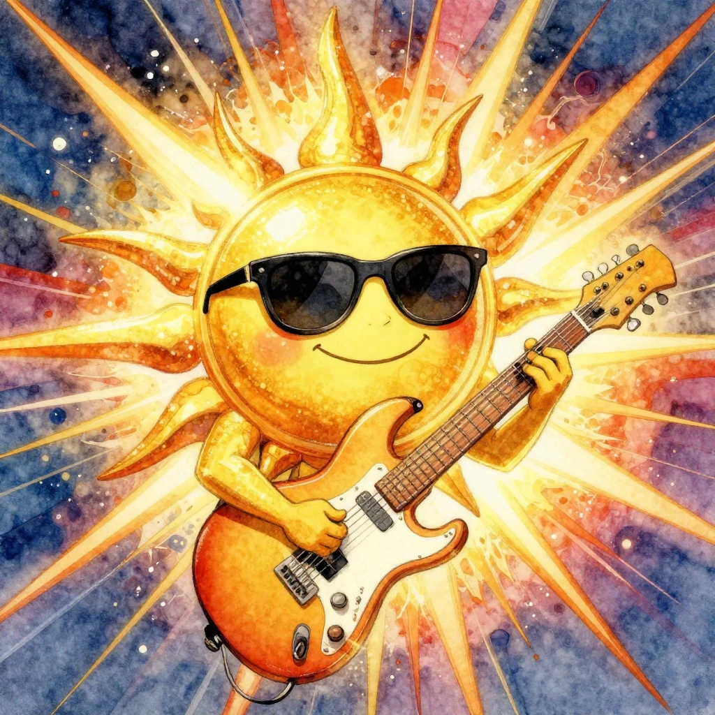 A glowing golden sun with a smiling face wearing cool rock s...