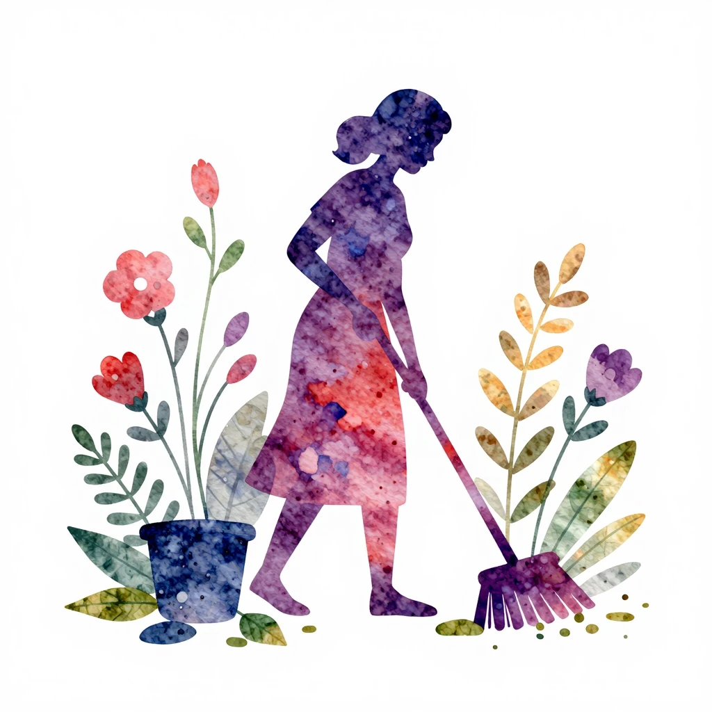 A vibrant watercolor silhouette of a woman sweeping away old...