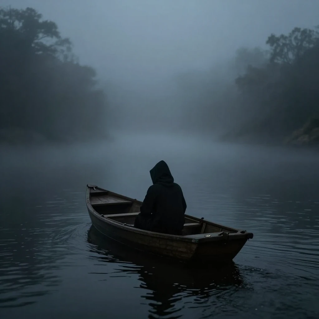 A lone, hooded silhouette in a small, ancient boat on a mist...
