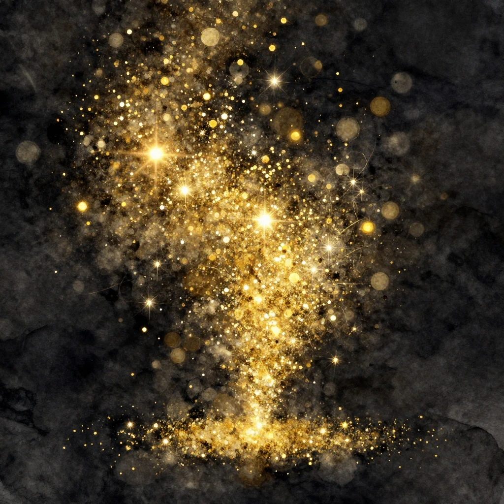 Exploding golden glitter particles against a dark background...