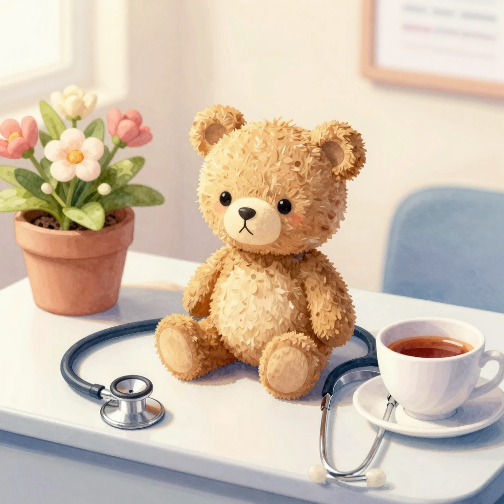 Watercolor style close-up of a small toy bear sitting on a c...