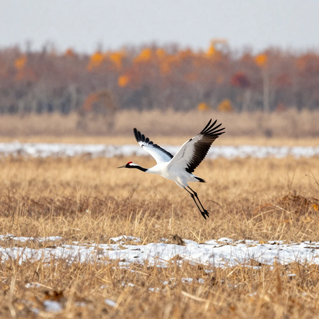 A majestic lone crane soaring gracefully over an expansive, ...