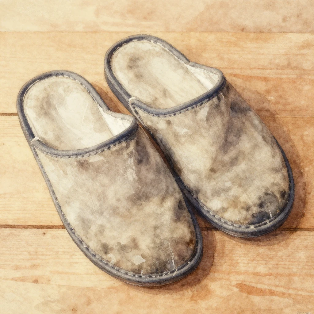 A close-up watercolor painting of a pair of old, well-worn f...