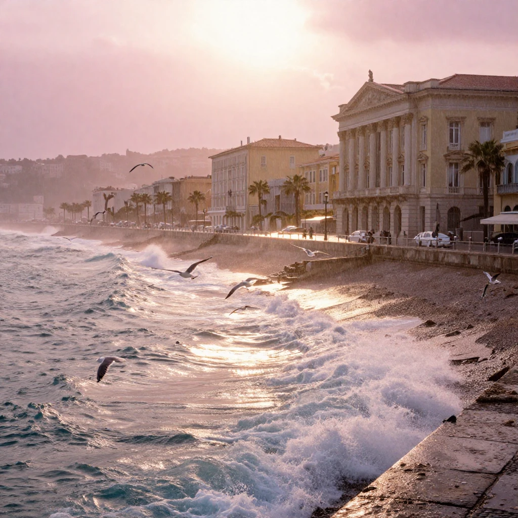A coastal city at dawn with pink and golden light, slow-moti...