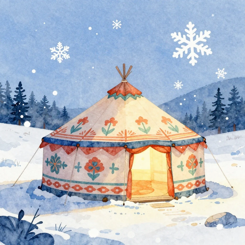 A watercolor illustration of a colorful patterned yaranga te...