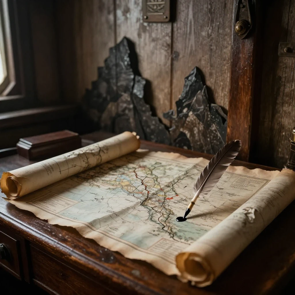 A dimly lit wooden ship's cabin interior, an old desk covere...
