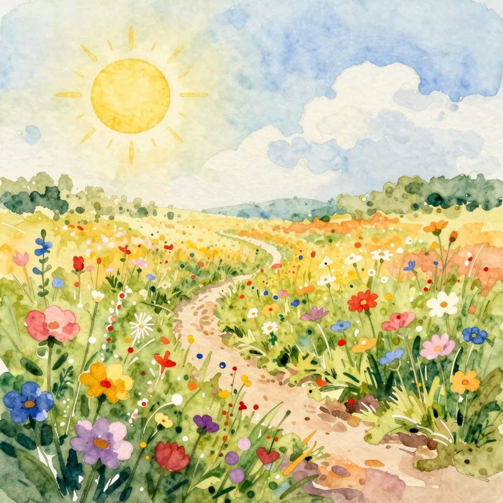 Vibrant watercolor style. A field of wildflowers under a bri...