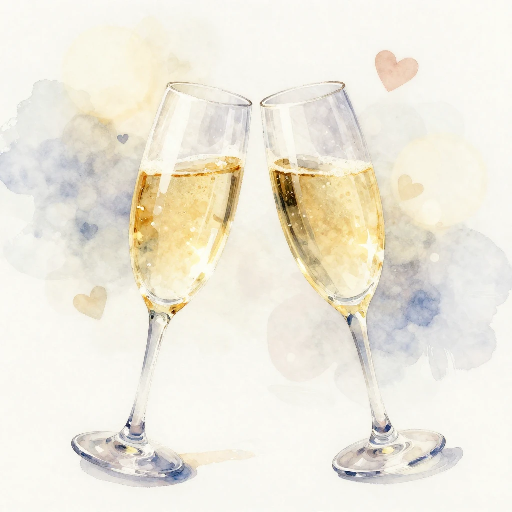 A delicate watercolor painting of a pair of champagne glasse...