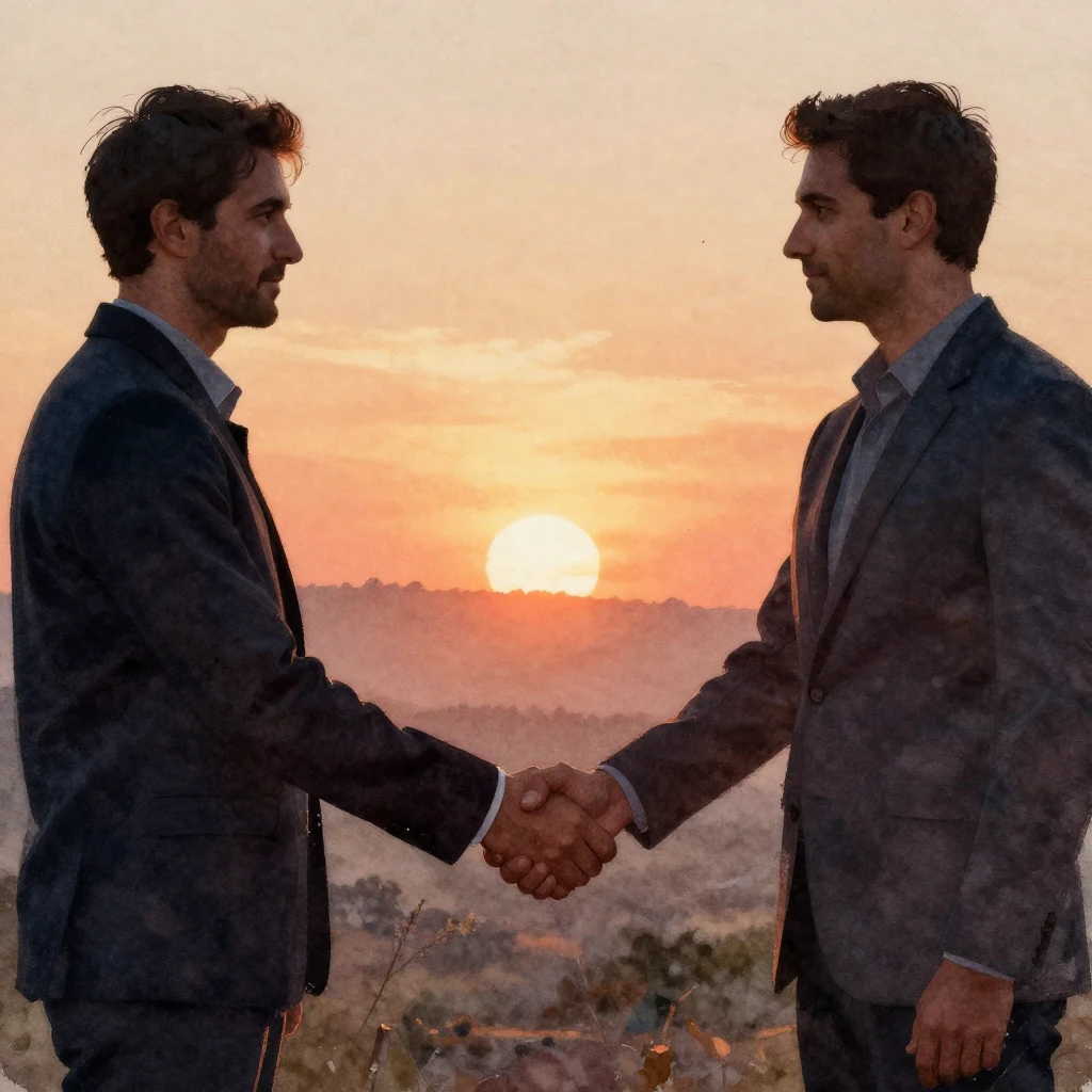 A vibrant watercolor painting focusing on the firm handshake...