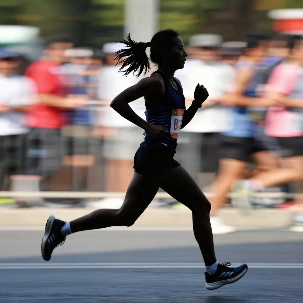 A dynamic silhouette of a woman running a marathon, with a s...