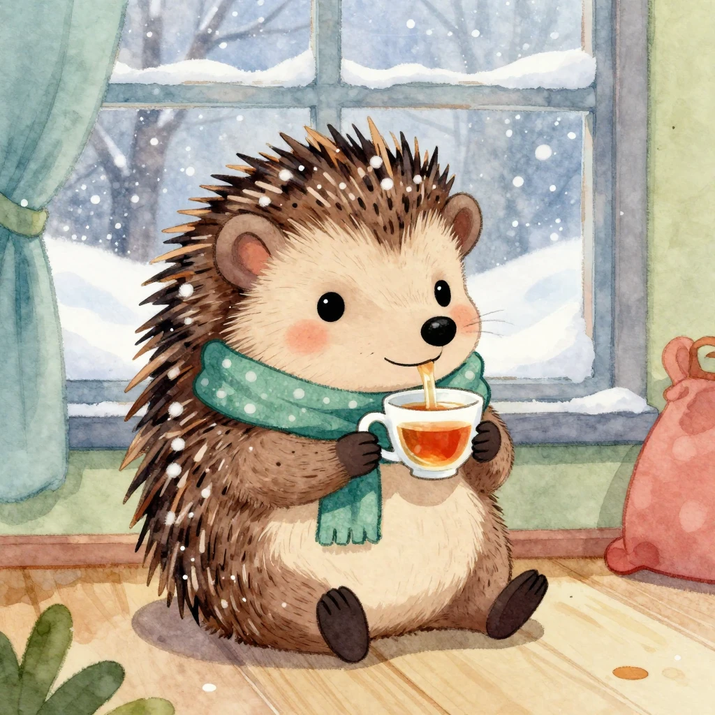 A cute, anthropomorphic hedgehog, wearing a tiny scarf, sitt...