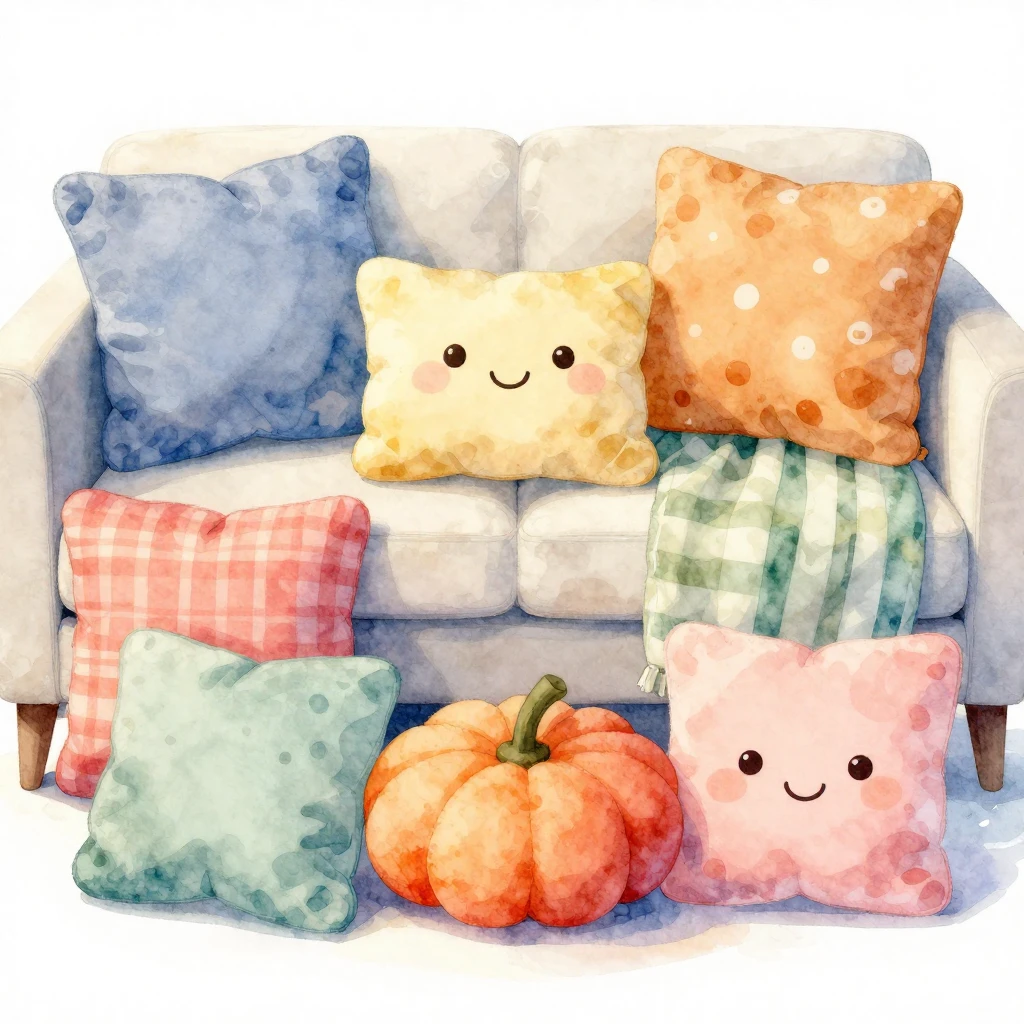 A watercolor illustration of various colorful, plush cushion...