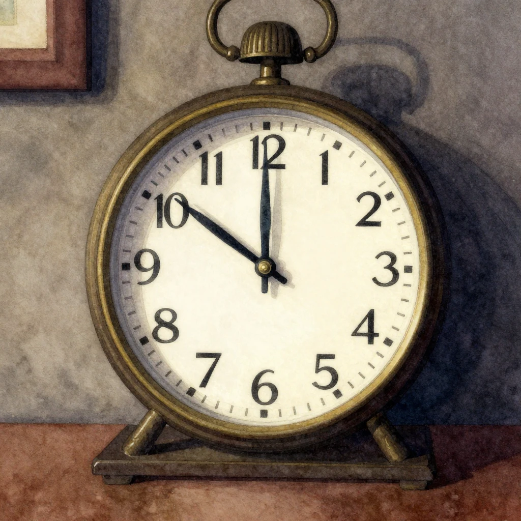 A vintage clock striking midnight in a dimly lit room, with ...